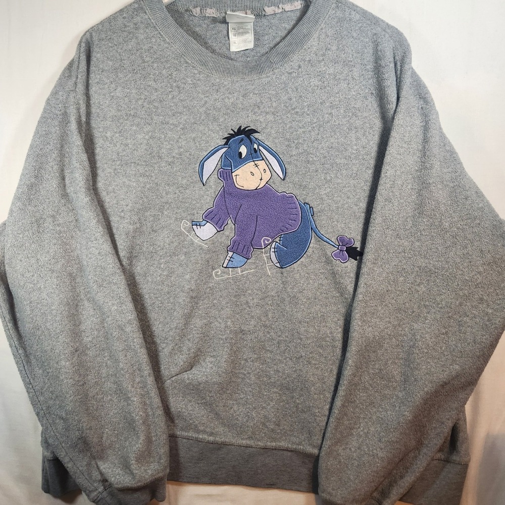 Vintage Disney Store Eeyore Ice Skating Embroidered Gray Fleece Sweatshirt XL